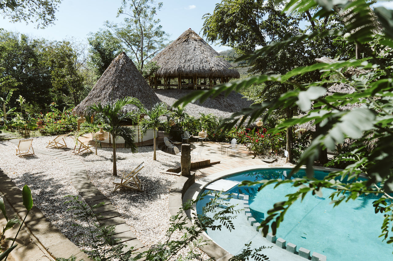 Dreamsea Surf Camp pool and outdoor lounge area for the San Juan Del Sur group trip.
