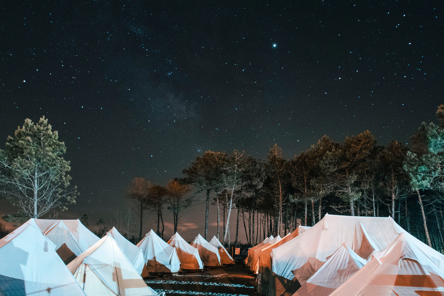 Starry night over the Dreamsea Surf Camp glamping tents in Portugal during small group travel.