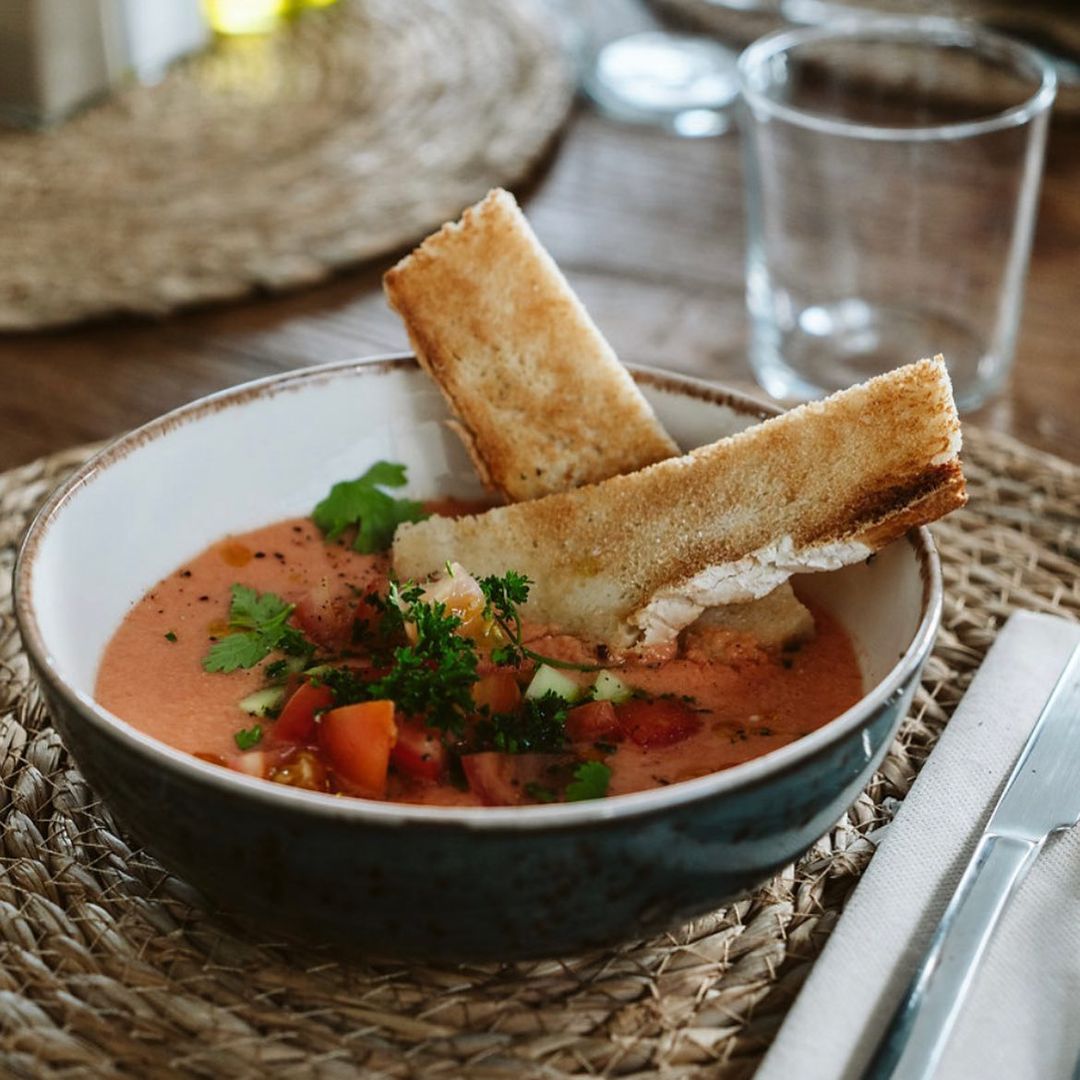 Gazpacho with bread served for lunch at the Dreamsea Surf House in Fuerteventura.