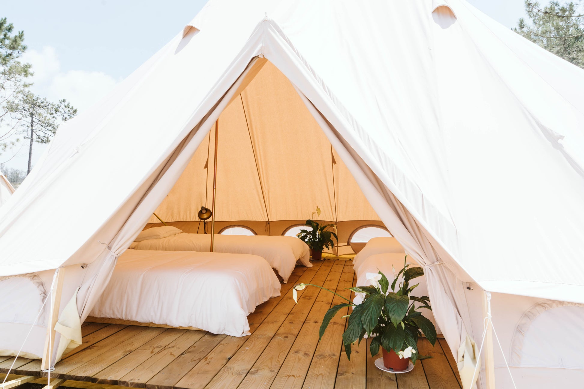 Four beds in a glamping tent at the Dreamsurf Surf Accommodation for small group travel in Portugal.