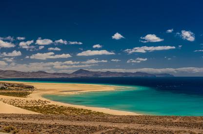People surfing in turquoise waters in Fuerteventura near fluffy sand and mountains.