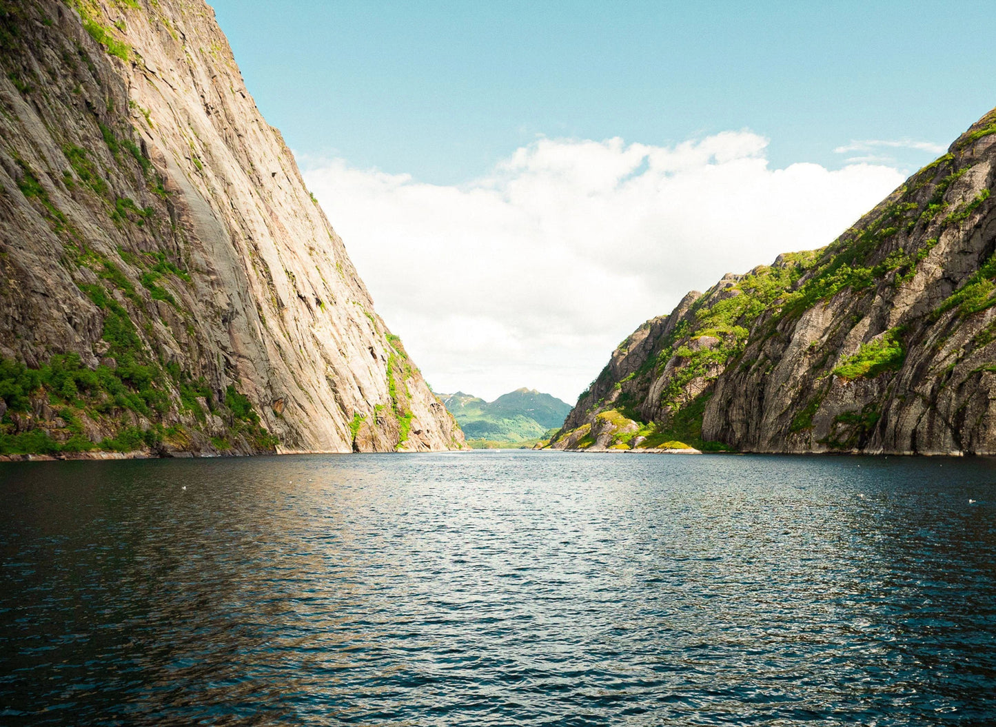 View of the Trollfjord in Lofoten Norway near mountains in the summertime.